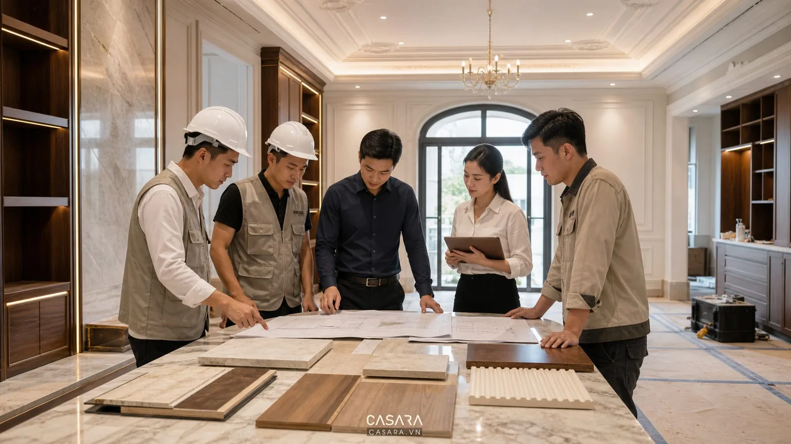 đội ngũ thi công nội thất biệt thự tân cổ điển kiểm tra bản vẽ mẫu vật liệu và công trình