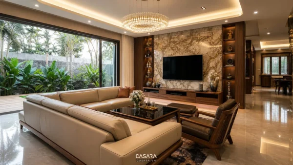 thi công biệt thự tphcm phòng khách biệt thự sang trọng với sofa vách đá và kệ tivi gỗ