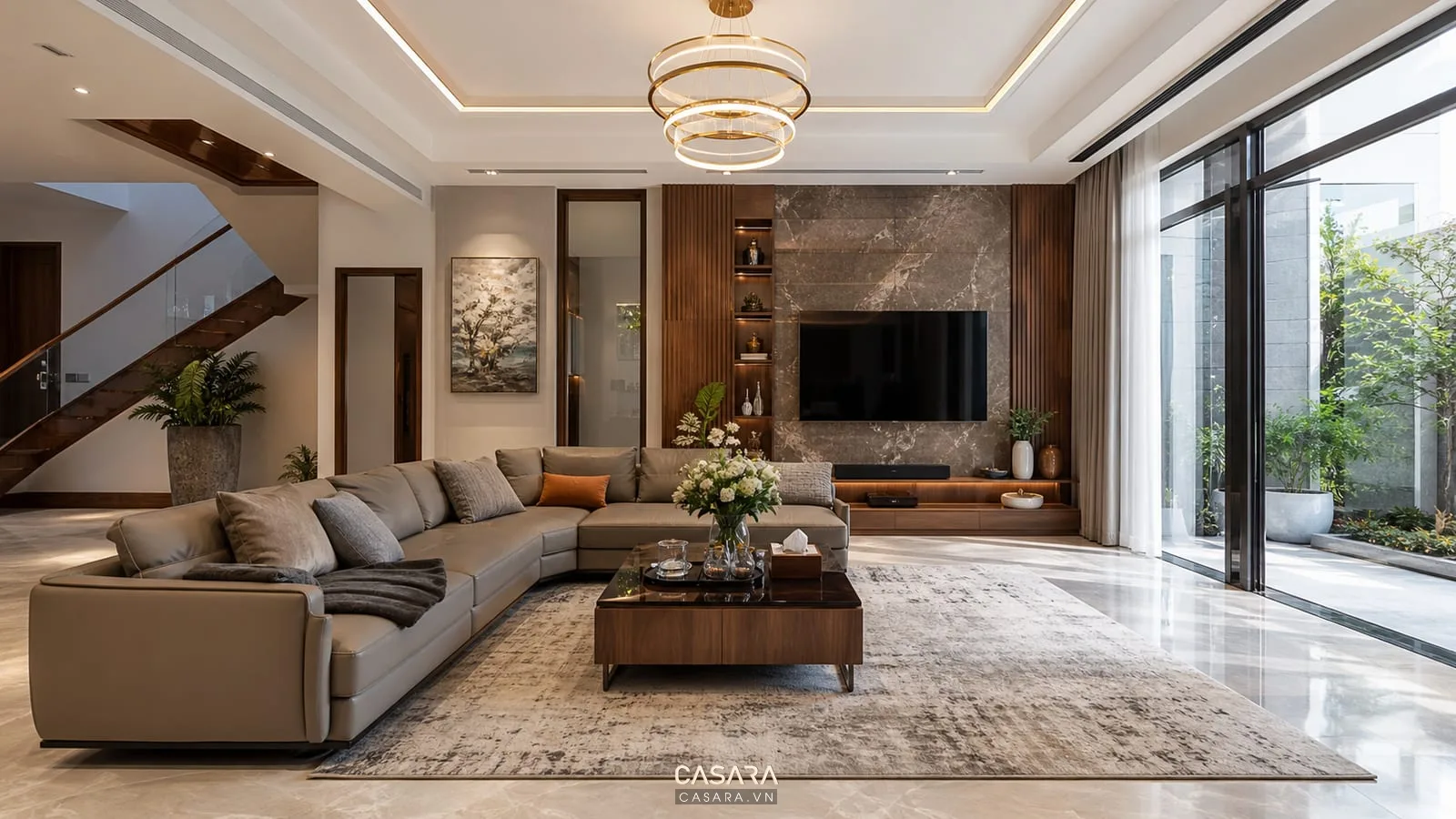 thi công biệt thự phòng khách biệt thự tphcm sofa chữ L vách tivi gỗ đá