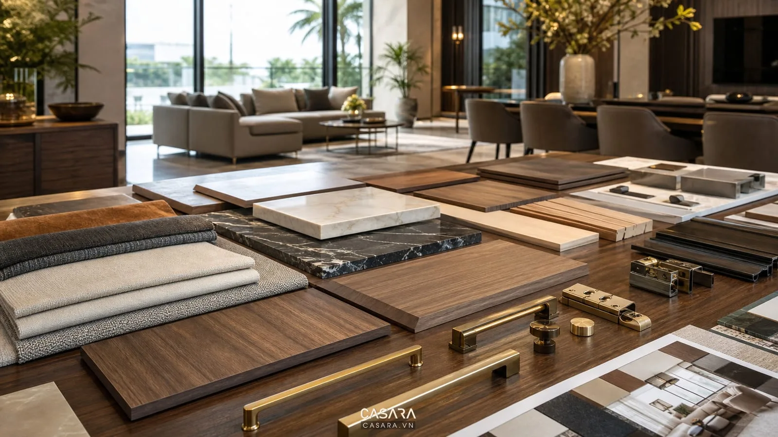 Mẫu vật liệu nội thất biệt thự gồm gỗ veneer đá và vải bọc sofa
