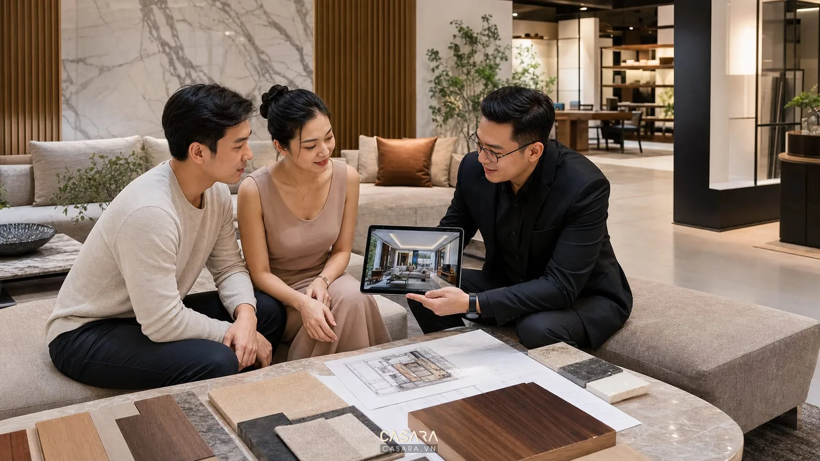 Gia chủ tư vấn thi công biệt thự trọn gói với bản vẽ và mẫu vật liệu