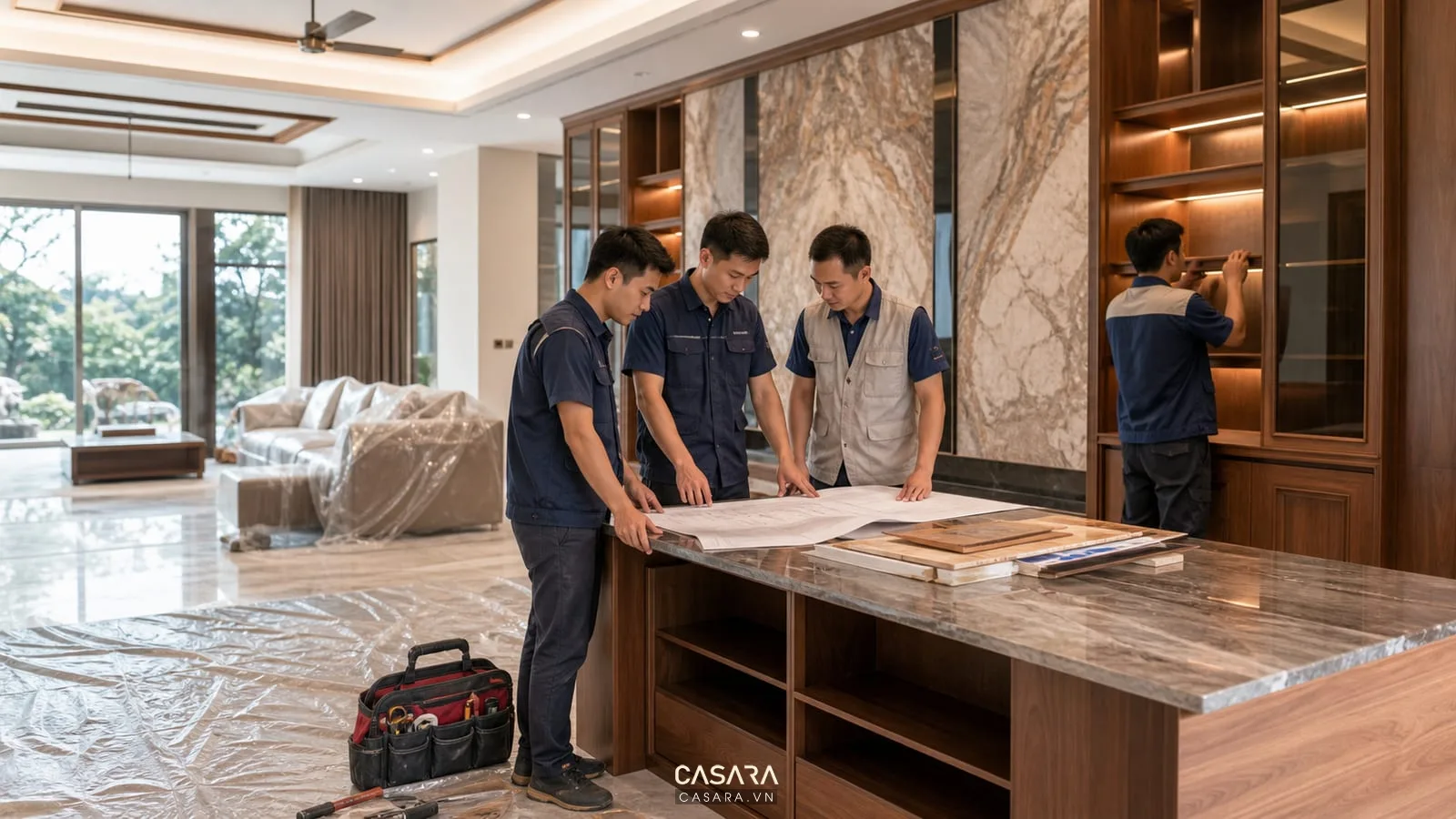 Đội thi công biệt thự trọn gói kiểm tra bản vẽ và nội thất tại công trình