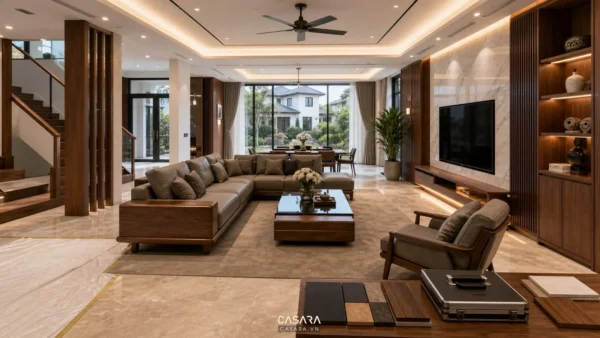 Thi công biệt thự trọn gói Thủ Đức với phòng khách hiện đại và nội thất gỗ sang trọng
