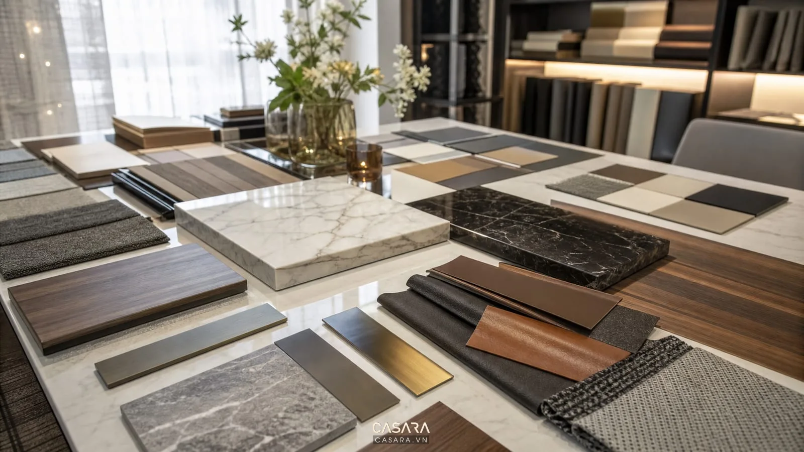 Mẫu vật liệu thi công biệt thự gồm gỗ óc chó, đá, vải sofa và kim loại cho nội thất cao cấp