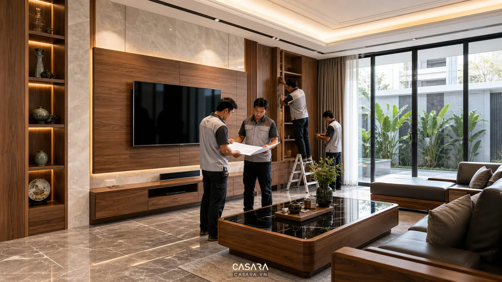 Thi công nội thất biệt thự với thợ lắp đặt tủ gỗ và vách tivi tại phòng khách