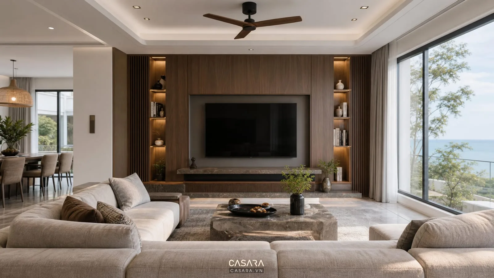 Phòng khách biệt thự Vũng Tàu với sofa và vách tivi sang trọng