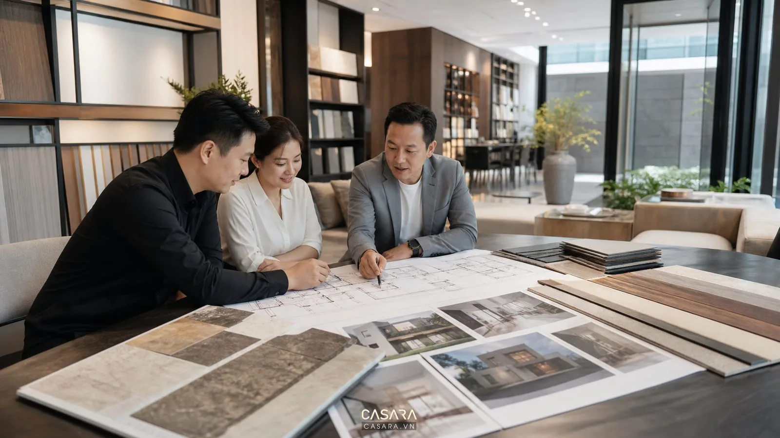 Tư vấn thi công hoàn thiện biệt thự với bản vẽ và mẫu vật liệu nội thất