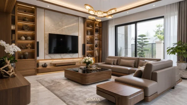 thi công hoàn thiện nội thất biệt thự phòng khách với sofa vách tivi và hệ tủ trang trí