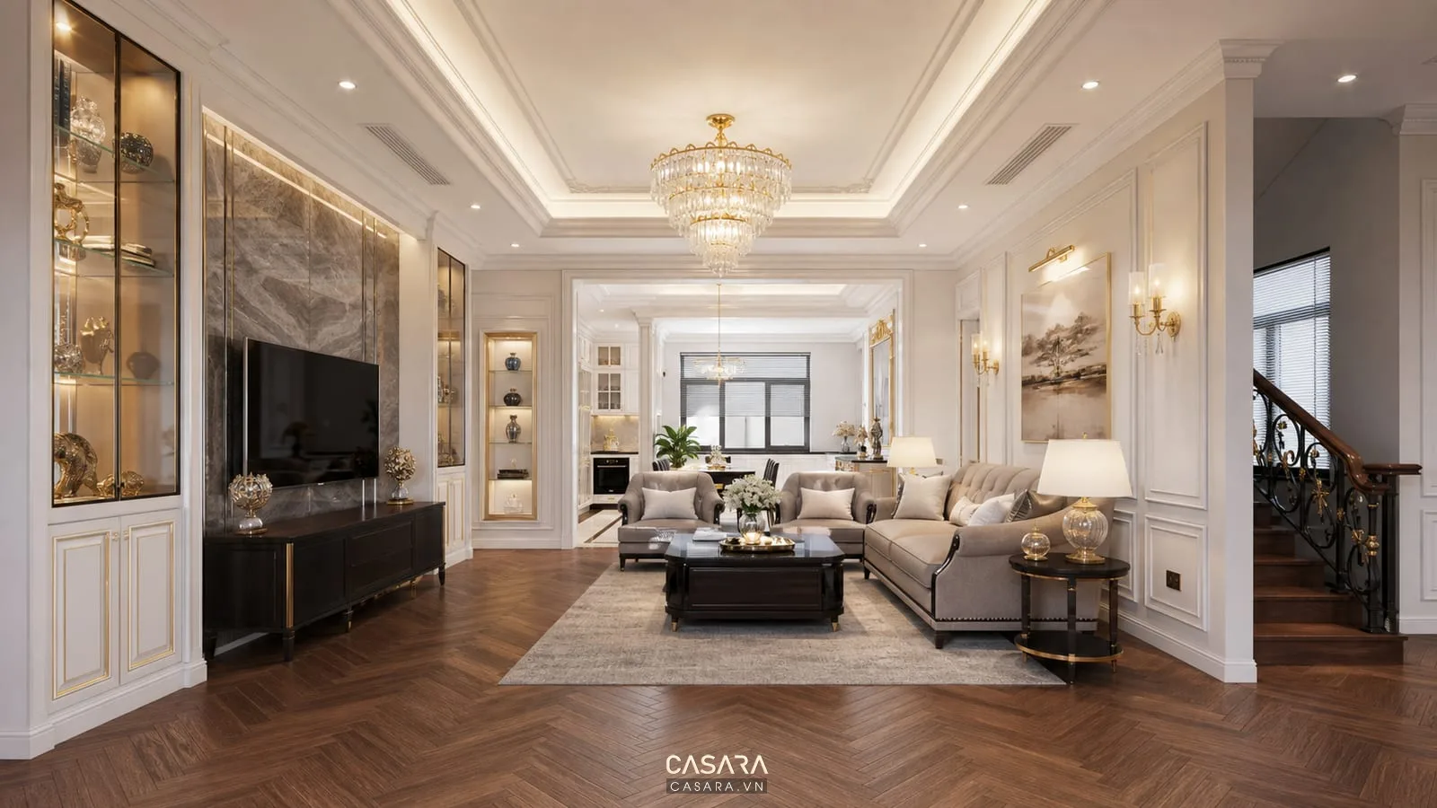thi công nội thất biệt thự tân cổ điển với phào chỉ đèn chùm sofa và tủ trang trí