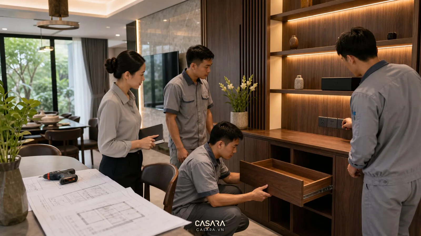 nghiệm thu thi công hoàn thiện nội thất biệt thự với tủ gỗ ngăn kéo đèn led và ổ cắm