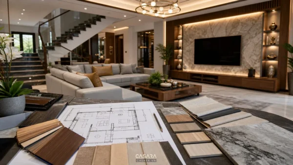 Thi công nội thất biệt thự với phòng khách rộng, vách tivi đá gỗ, cầu thang và mẫu vật liệu tư vấn