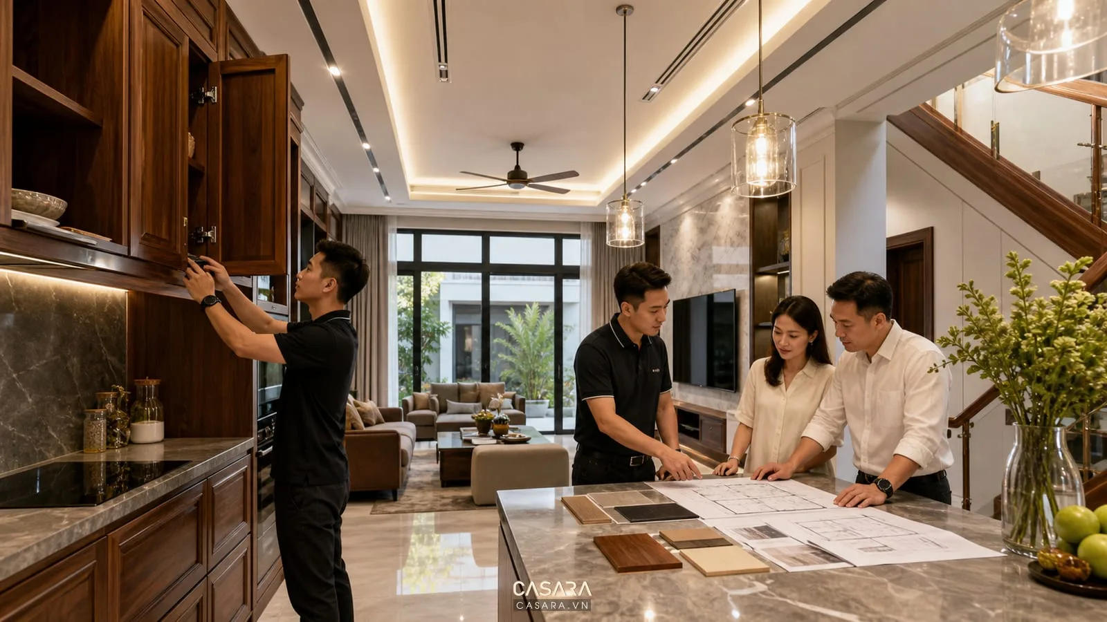 Nghiệm thu thi công nội thất biệt thự với tủ bếp gỗ, đèn trần, bản vẽ kỹ thuật và phòng khách hoàn thiện