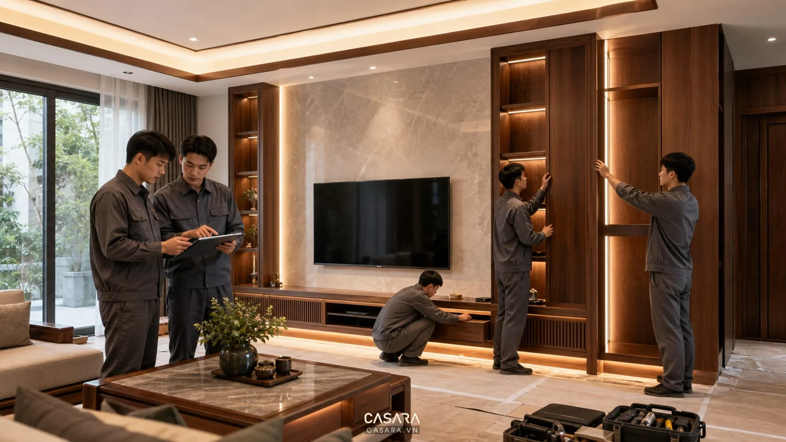 Đội thi công nội thất biệt thự cao cấp lắp đặt tủ gỗ tại công trường