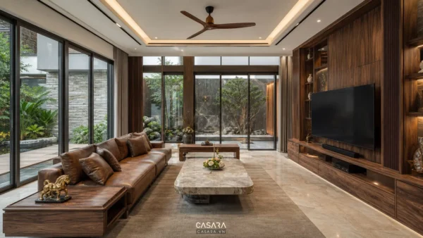 Thi công nội thất biệt thự gỗ óc chó với phòng khách sofa da bàn trà đá và vách tivi gỗ óc chó