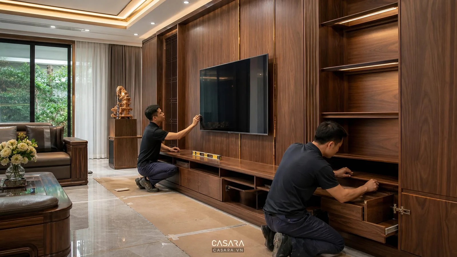 Thi công hoàn thiện nội thất biệt thự với thợ lắp vách tivi gỗ óc chó kiểm tra khe hở và bản lề