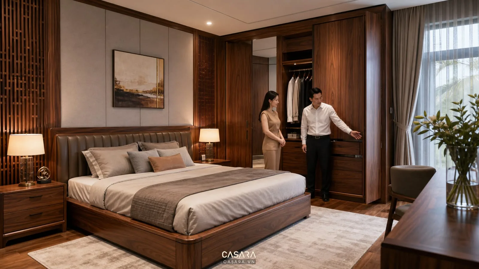 Thi công nội thất biệt thự gỗ óc chó với gia chủ nghiệm thu phòng ngủ master tủ áo gỗ óc chó và giường bọc da