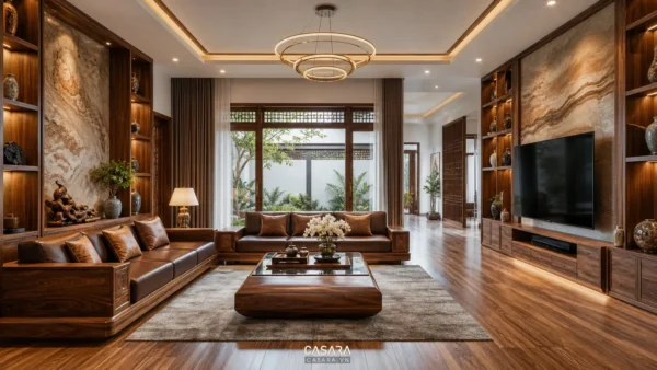 phòng khách biệt thự gỗ tự nhiên với vách tivi và sofa sang trọng