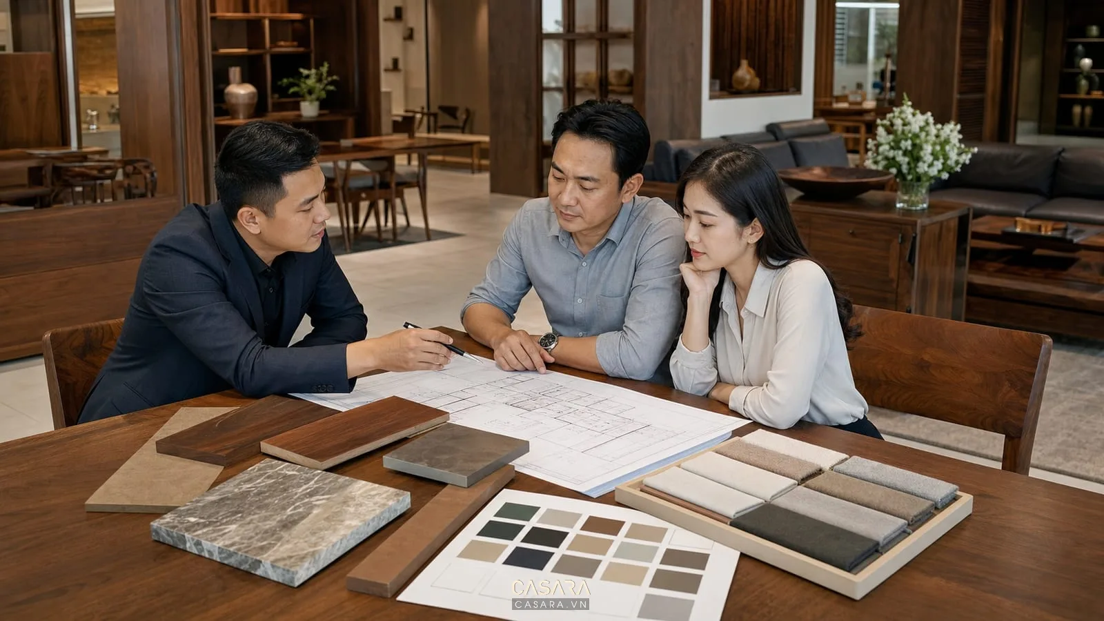 tư vấn nội thất biệt thự gỗ tự nhiên với mẫu gỗ óc chó và bản vẽ thiết kế