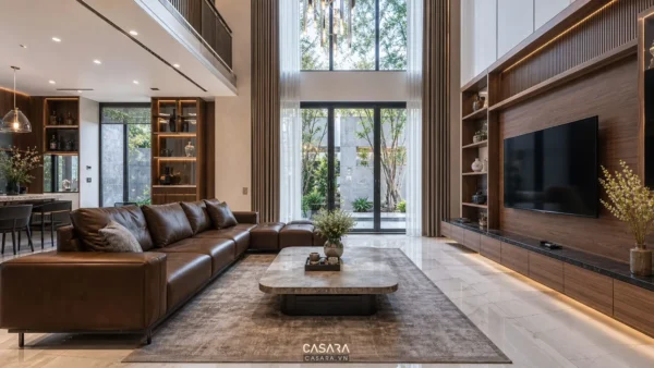 Thi công nội thất biệt thự hiện đại với phòng khách trần cao sofa da bàn trà đá và vách tivi gỗ