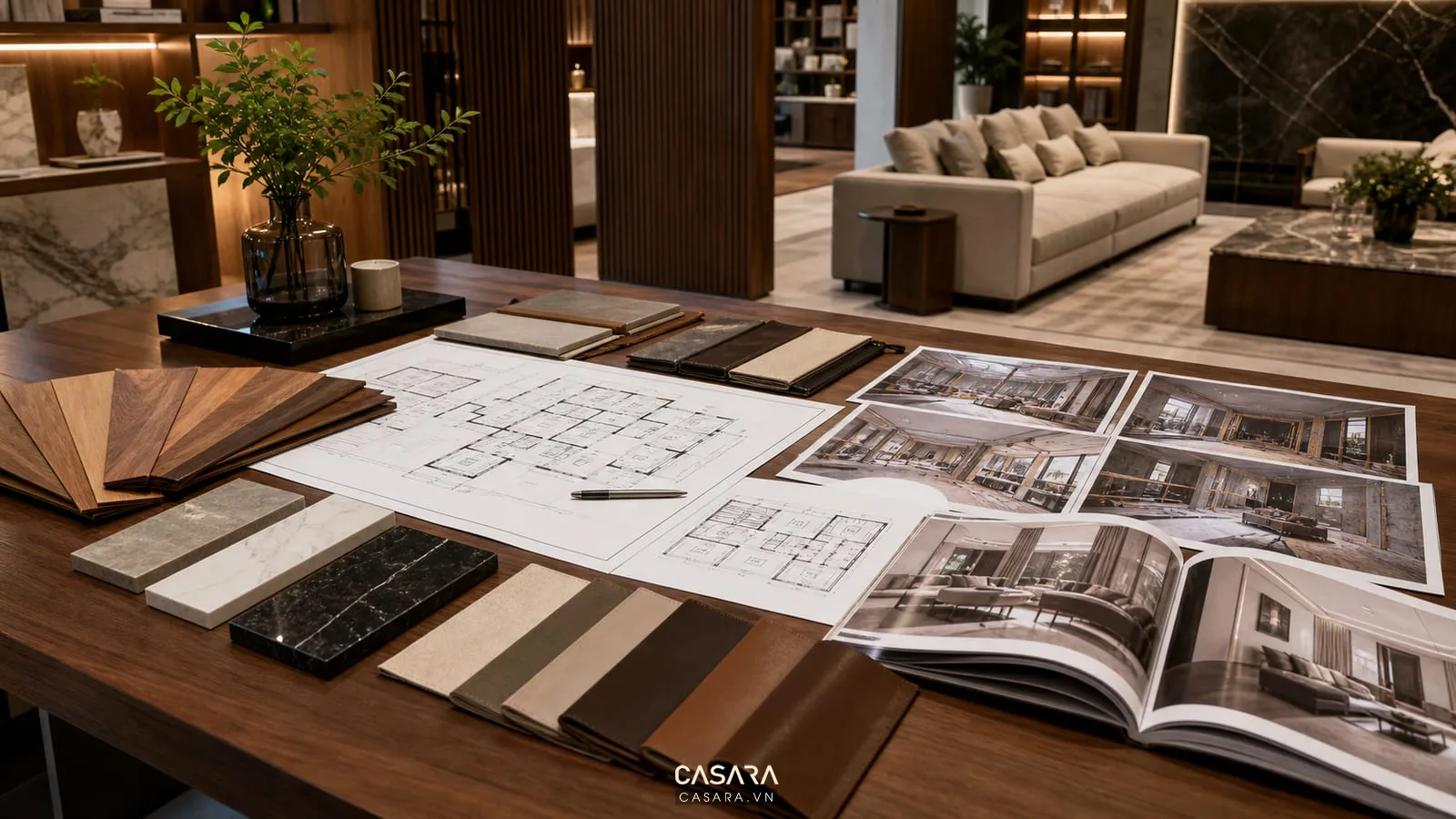 Thiết kế thi công nội thất biệt thự với bản vẽ mặt bằng mẫu gỗ mẫu đá mẫu da và ảnh hiện trạng