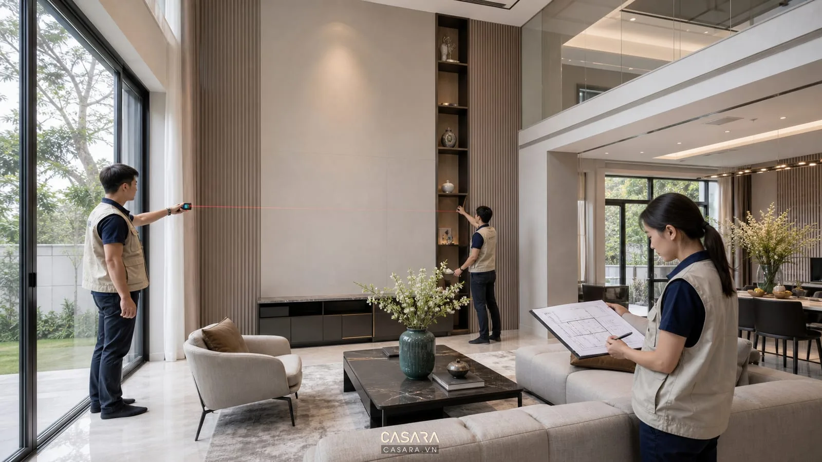 Thi công nội thất biệt thự Hà Nội với đội ngũ đo đạc phòng khách bằng bản vẽ và thước laser