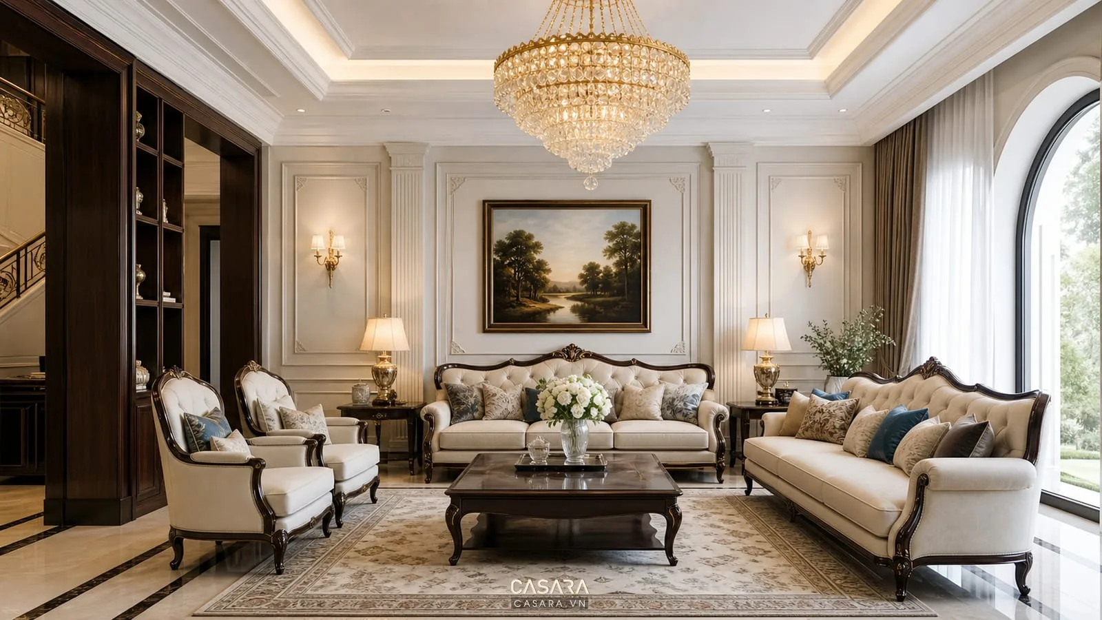 thi công nội thất biệt thự tân cổ điển phòng khách sofa đèn chùm phào chỉ