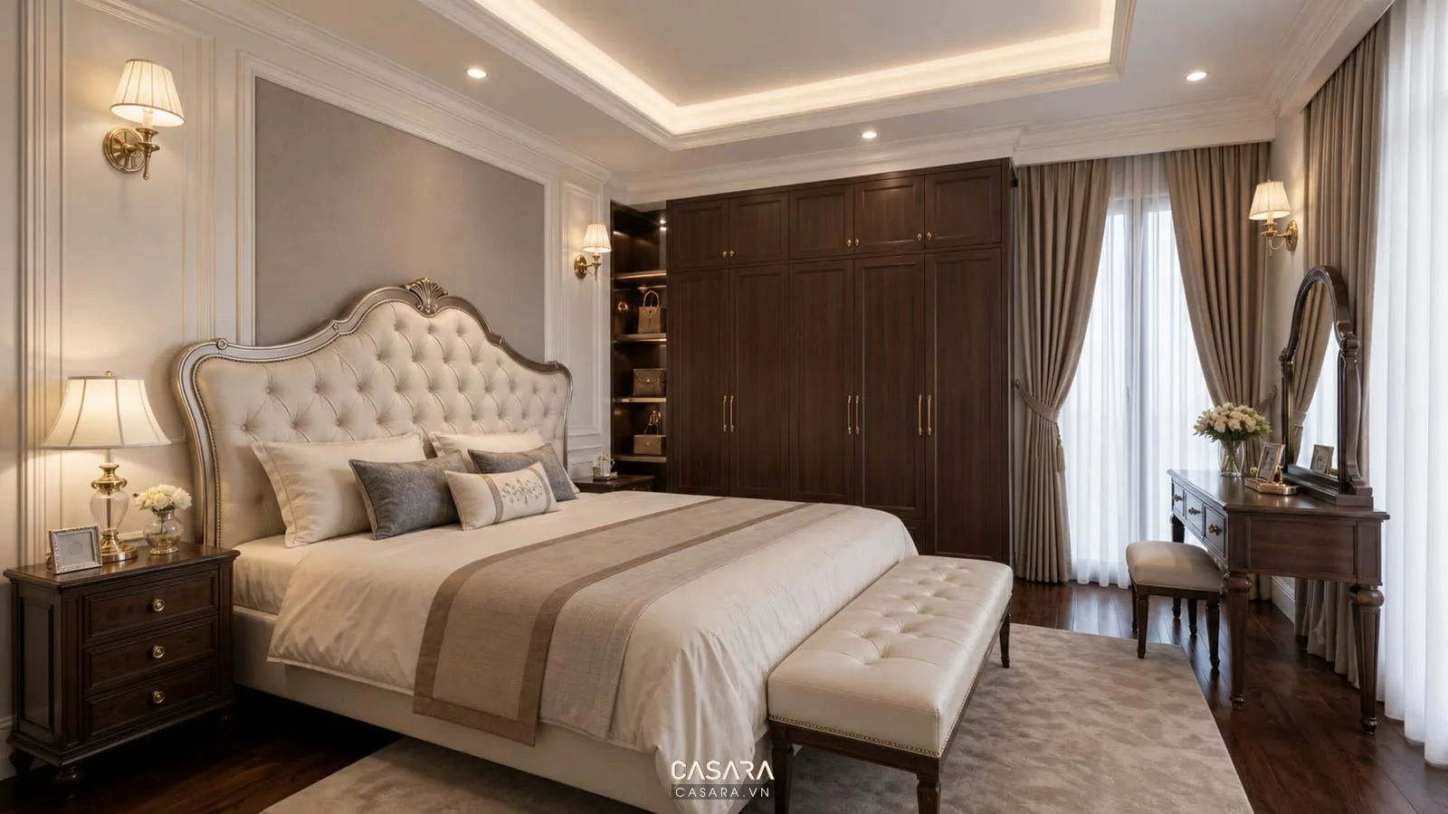 phòng ngủ biệt thự tân cổ điển giường tủ áo bàn trang điểm rèm vải