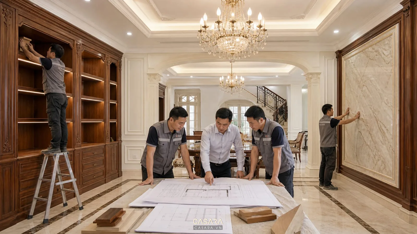 đội thi công nội thất biệt thự tân cổ điển lắp đặt tủ gỗ vách trang trí bản vẽ