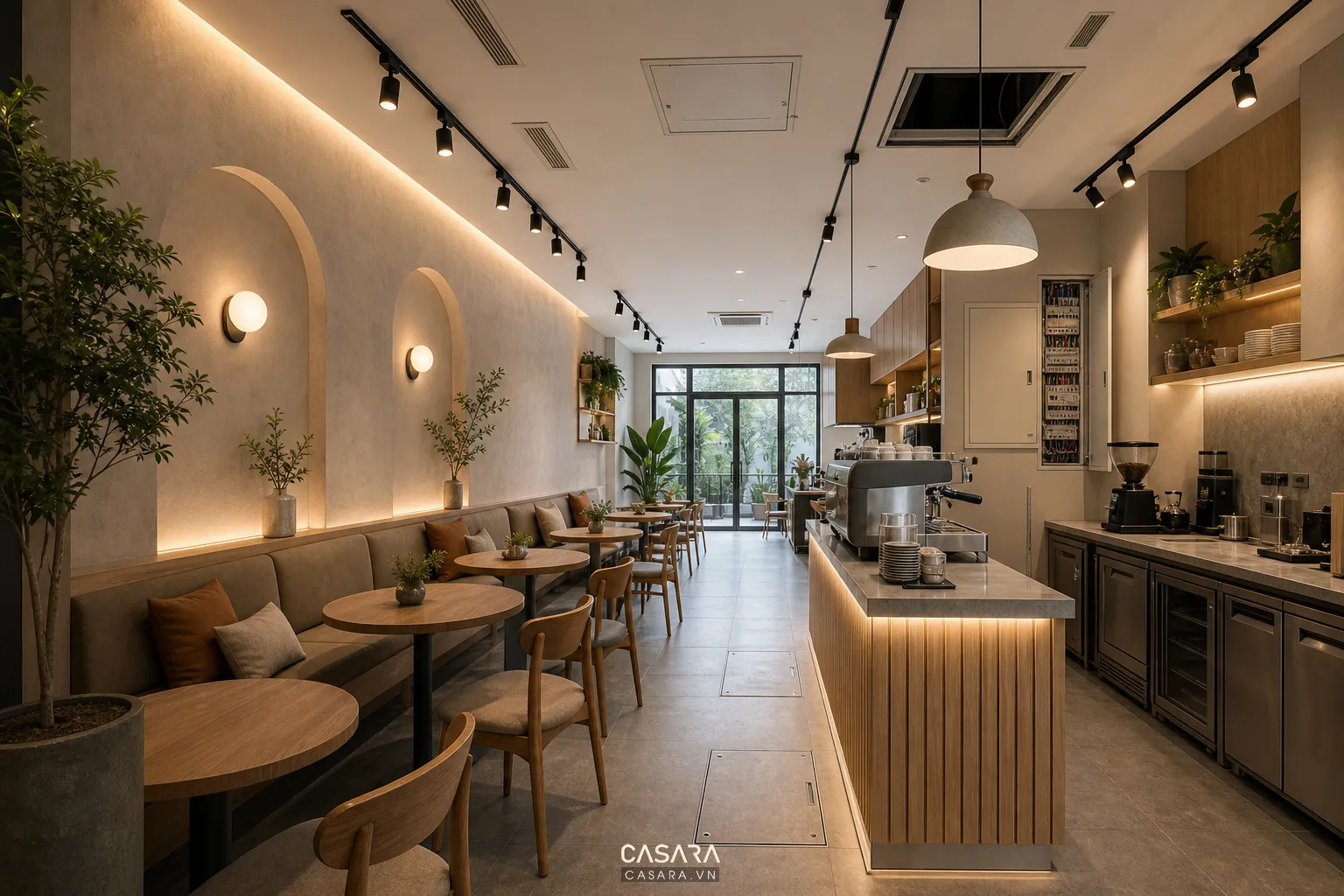 Không gian quán cafe có đèn ray, đèn tường, quầy thiết bị và các điểm kỹ thuật được bố trí gọn để bảo trì.