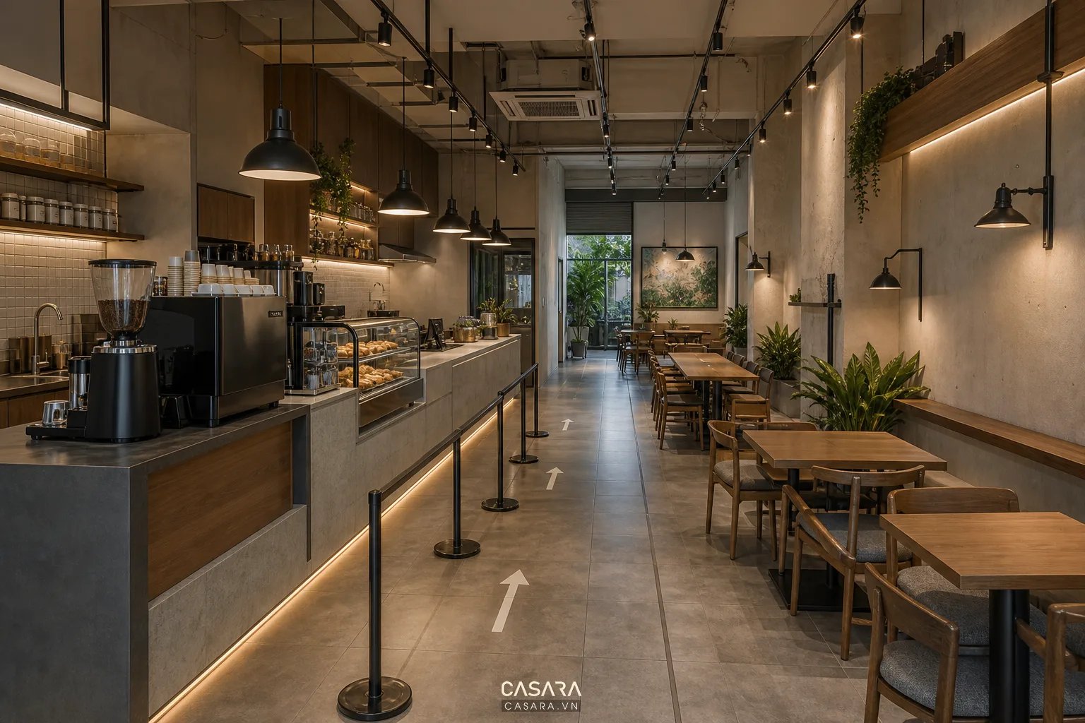 Không gian quán cafe có quầy order, khu nhận đồ, lối xếp hàng và bàn ghế bố trí theo luồng di chuyển.