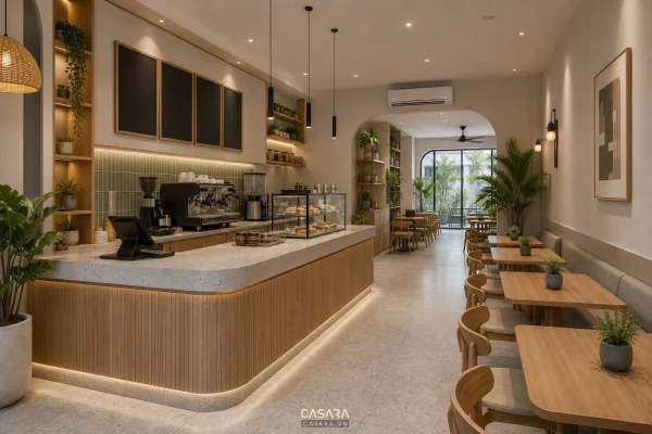 Quầy chính quán cafe hoàn thiện theo concept ấm hiện đại với mặt quầy bền, kệ trưng bày và lối đi rõ.