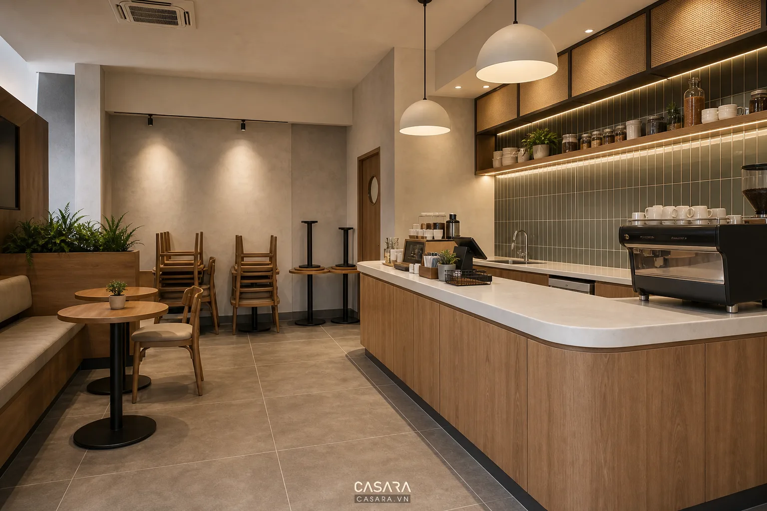 Quầy cafe dùng mặt đá bo cong, gạch ốp dễ lau, tủ kỹ thuật và bàn ghế có thể bảo trì sau khai trương.