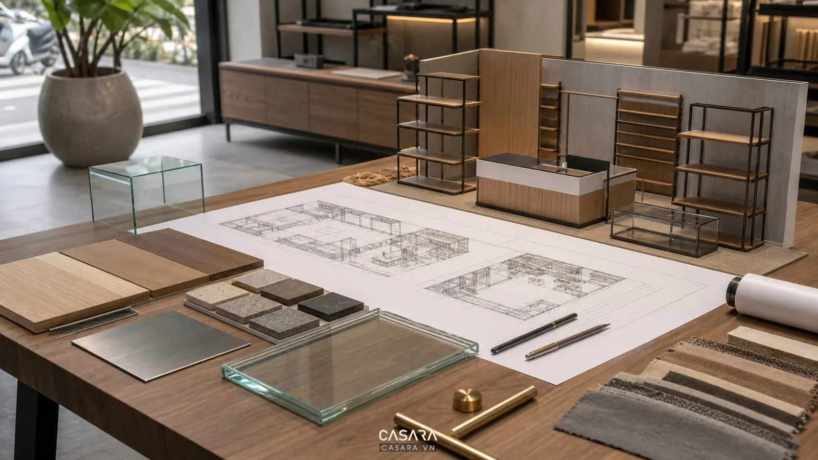 Bản vẽ thi công shop cùng mẫu vật liệu và sơ đồ bố trí nội thất