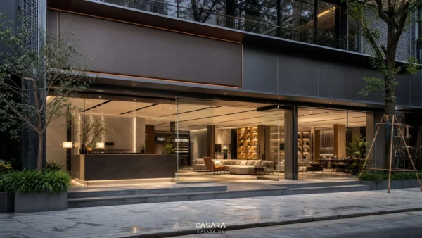 thi công showroom cao cấp với mặt tiền kính quầy tiếp đón và ánh sáng thương hiệu