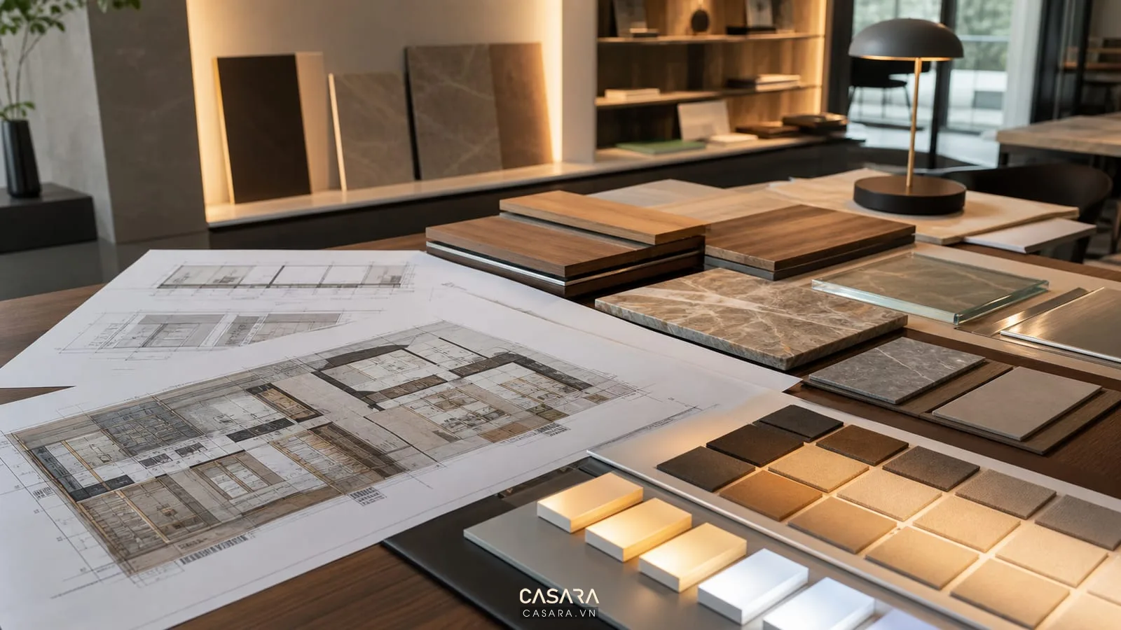 thi công thiết kế showroom với bản vẽ mặt bằng mẫu vật liệu và bảng màu ánh sáng