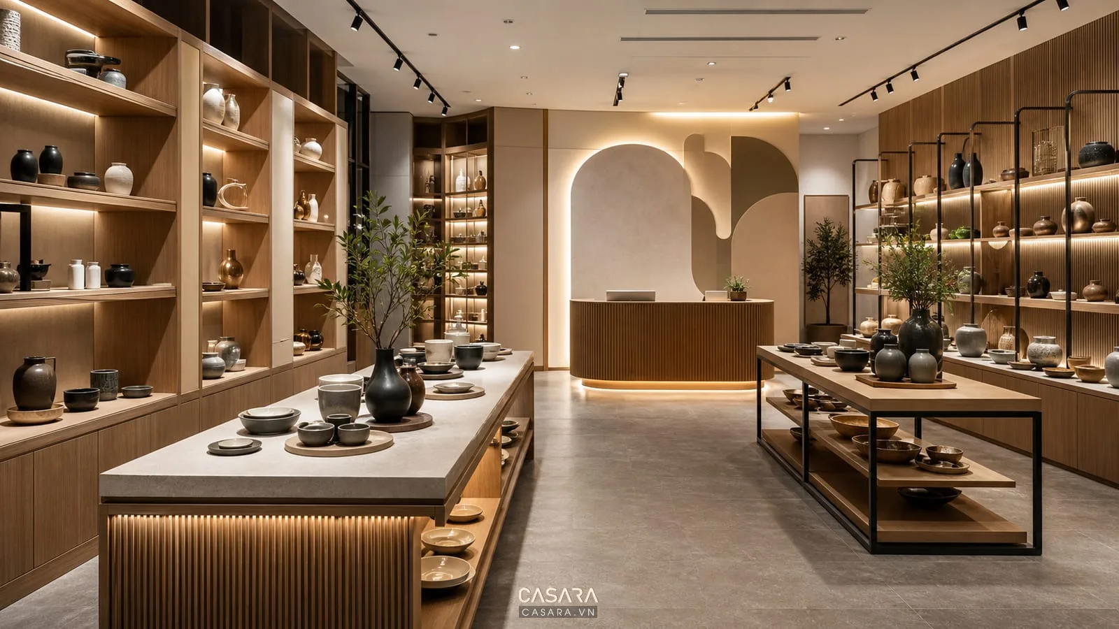 thiết kế showroom trưng bày sản phẩm với kệ gỗ đèn rọi và lối đi rộng