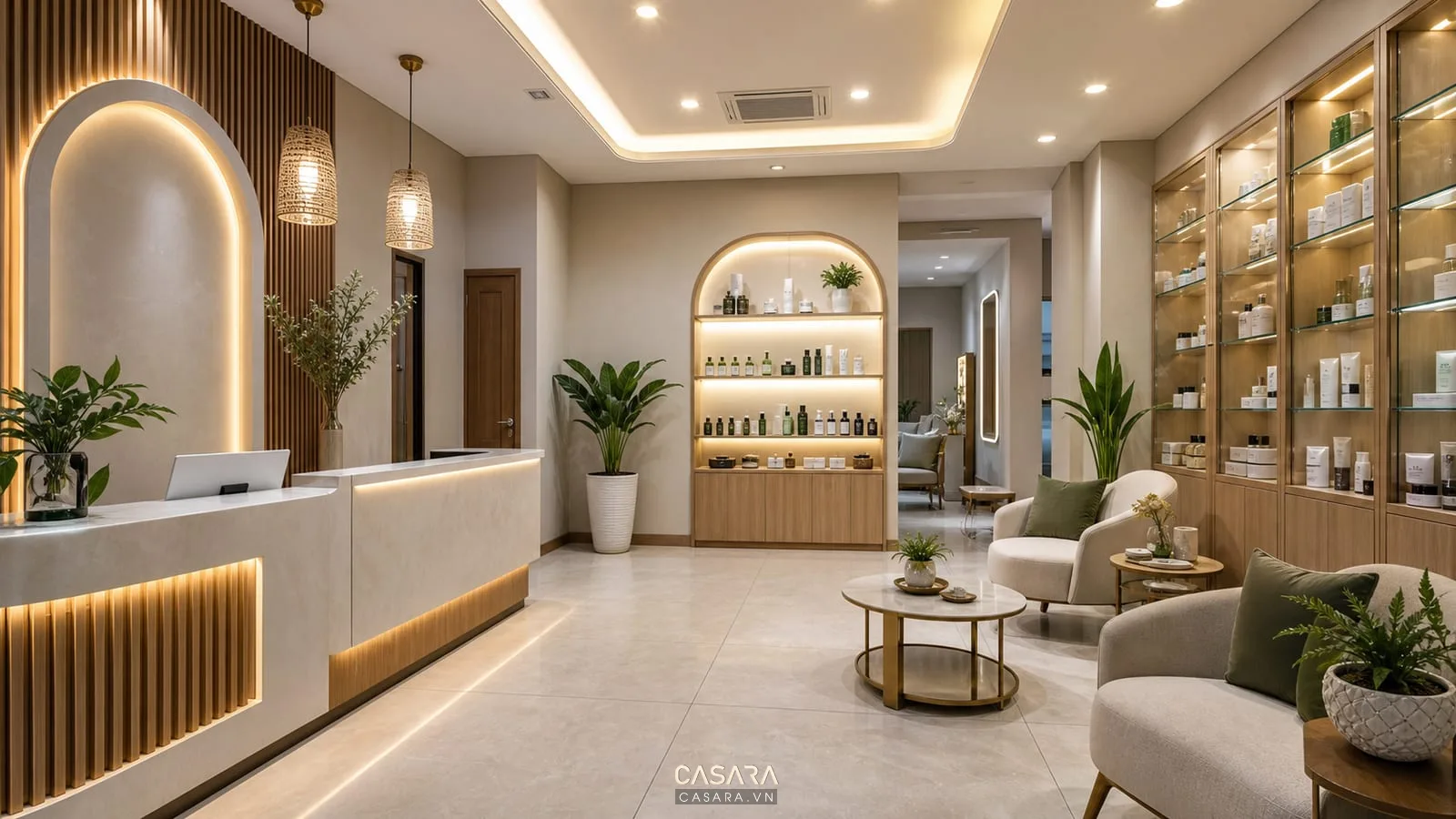 thi công showroom spa với quầy lễ tân ghế chờ và tủ trưng bày mỹ phẩm