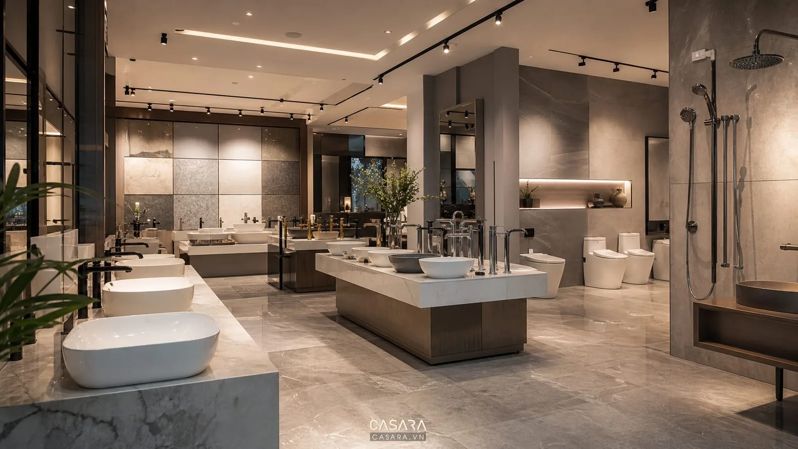 thi công showroom thiết bị vệ sinh với lavabo vòi sen gạch ốp và kệ trưng bày