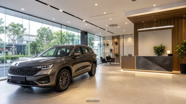 Thi công showroom ô tô với xe trưng bày, mặt tiền kính và sảnh lễ tân