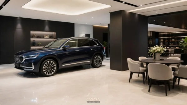 Xe ô tô trưng bày trong showroom cao cấp với lối đi rộng và bàn tư vấn