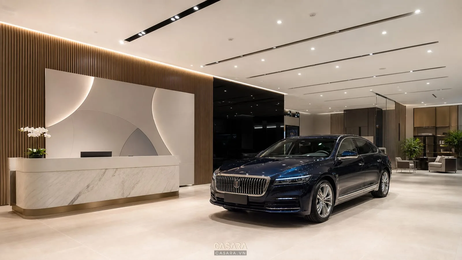 Vật liệu sàn, vách nhận diện và đèn trần trong showroom ô tô