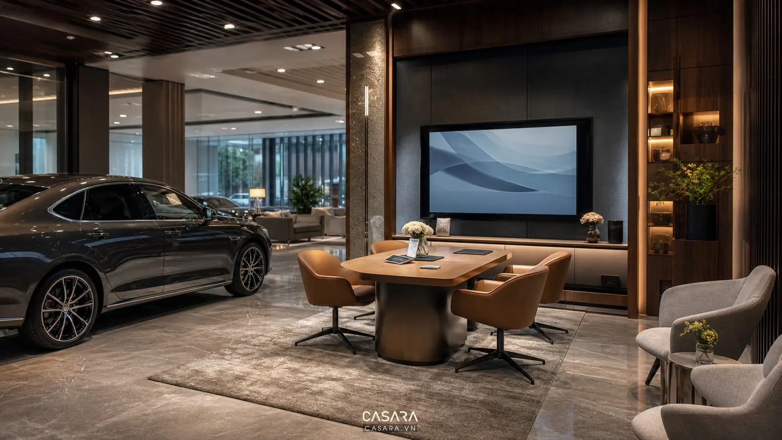 Khu tư vấn showroom ô tô cạnh xe trưng bày với bàn ghế và màn hình