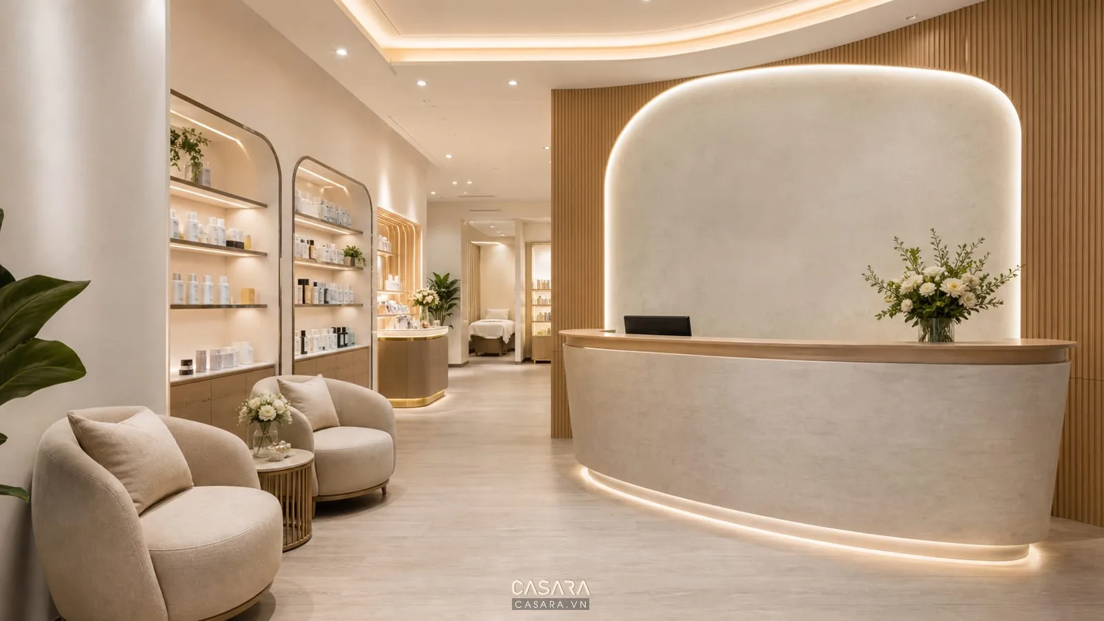 showroom spa có quầy lễ tân vách logo ghế chờ kệ mỹ phẩm chăm sóc da và ánh sáng dịu