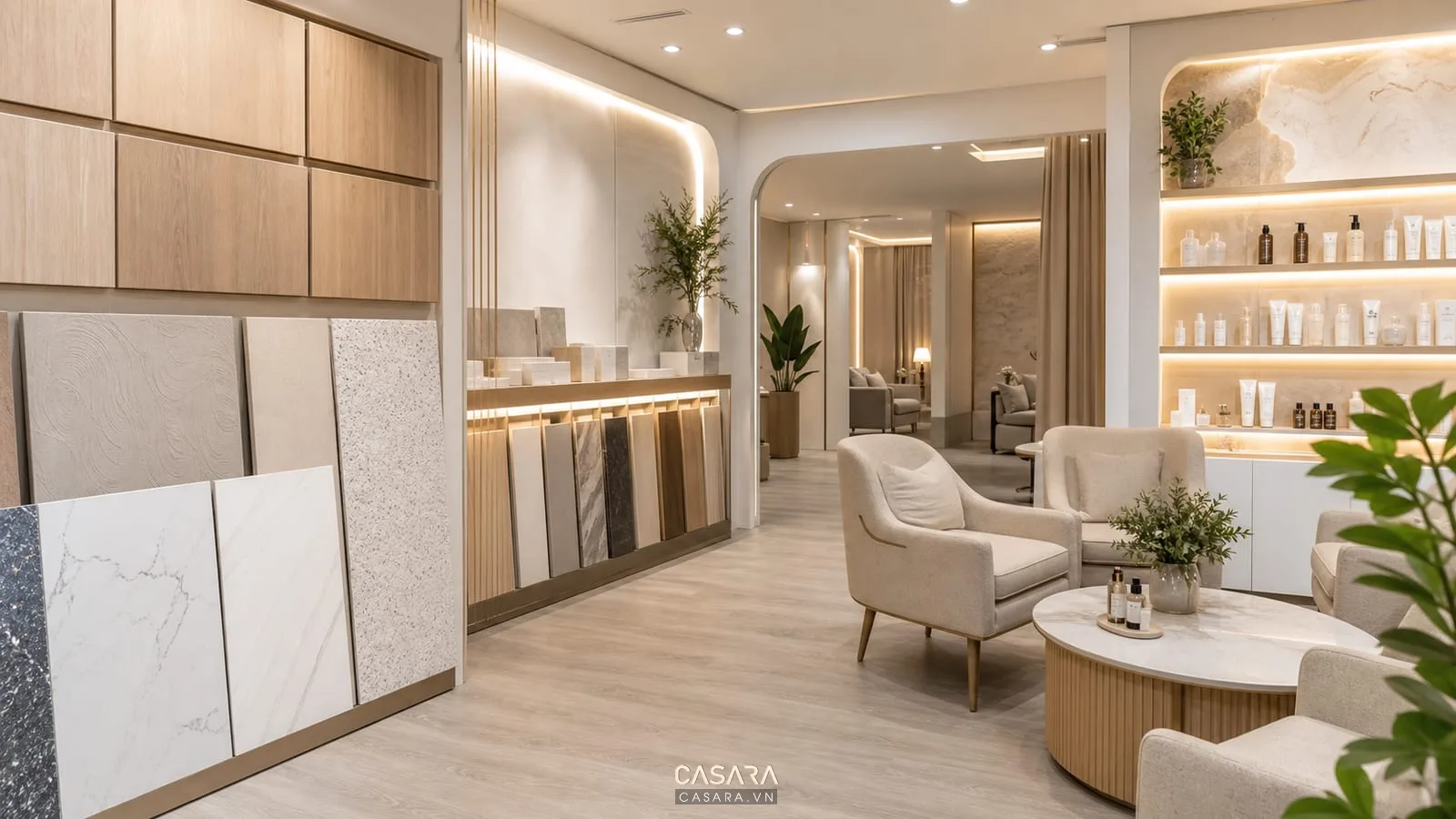 bảng vật liệu showroom spa gồm gỗ sáng đá trắng sơn hiệu ứng vải bọc ghế và kệ mỹ phẩm