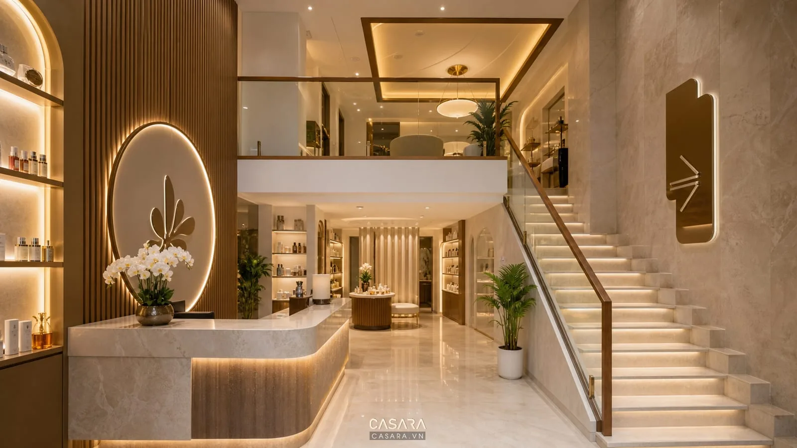 showroom spa 2 tầng có cầu thang khu lễ tân kệ mỹ phẩm biển chỉ dẫn và ánh sáng ấm thống nhất