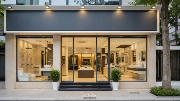 Mặt tiền showroom thiết bị vệ sinh với cửa kính và khu trưng bày lavabo bồn cầu