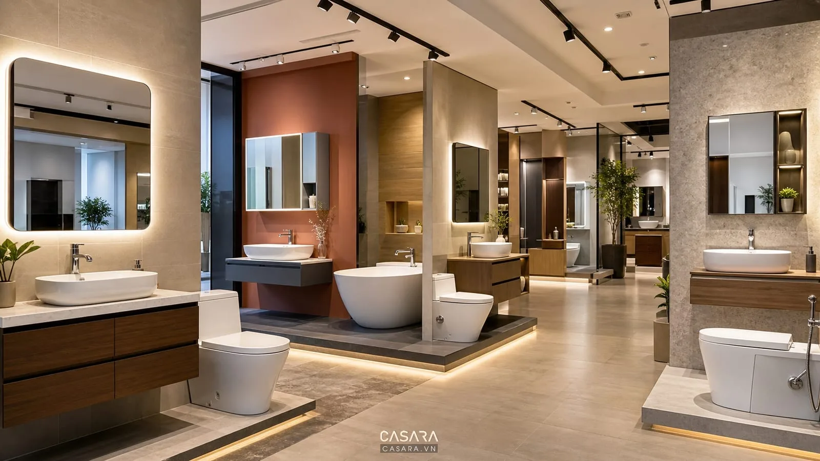 Khu trưng bày thiết bị vệ sinh với lavabo bồn cầu bồn tắm và tủ gương trong showroom