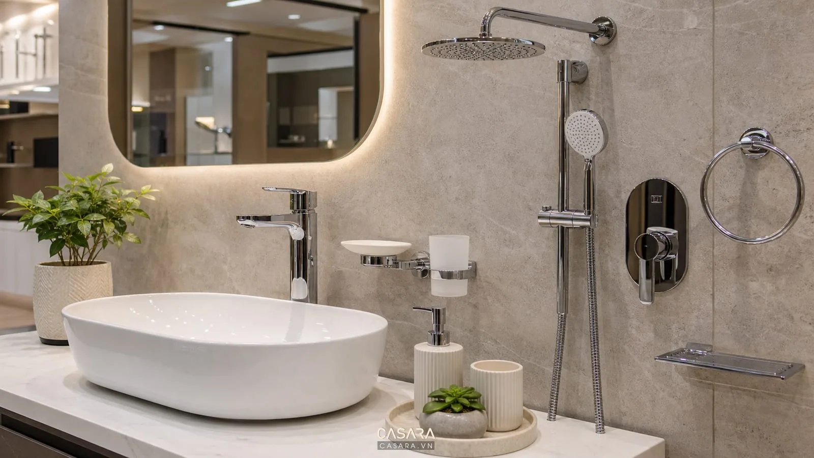 Kệ showroom thiết bị vệ sinh trưng bày lavabo vòi nước sen tắm và phụ kiện