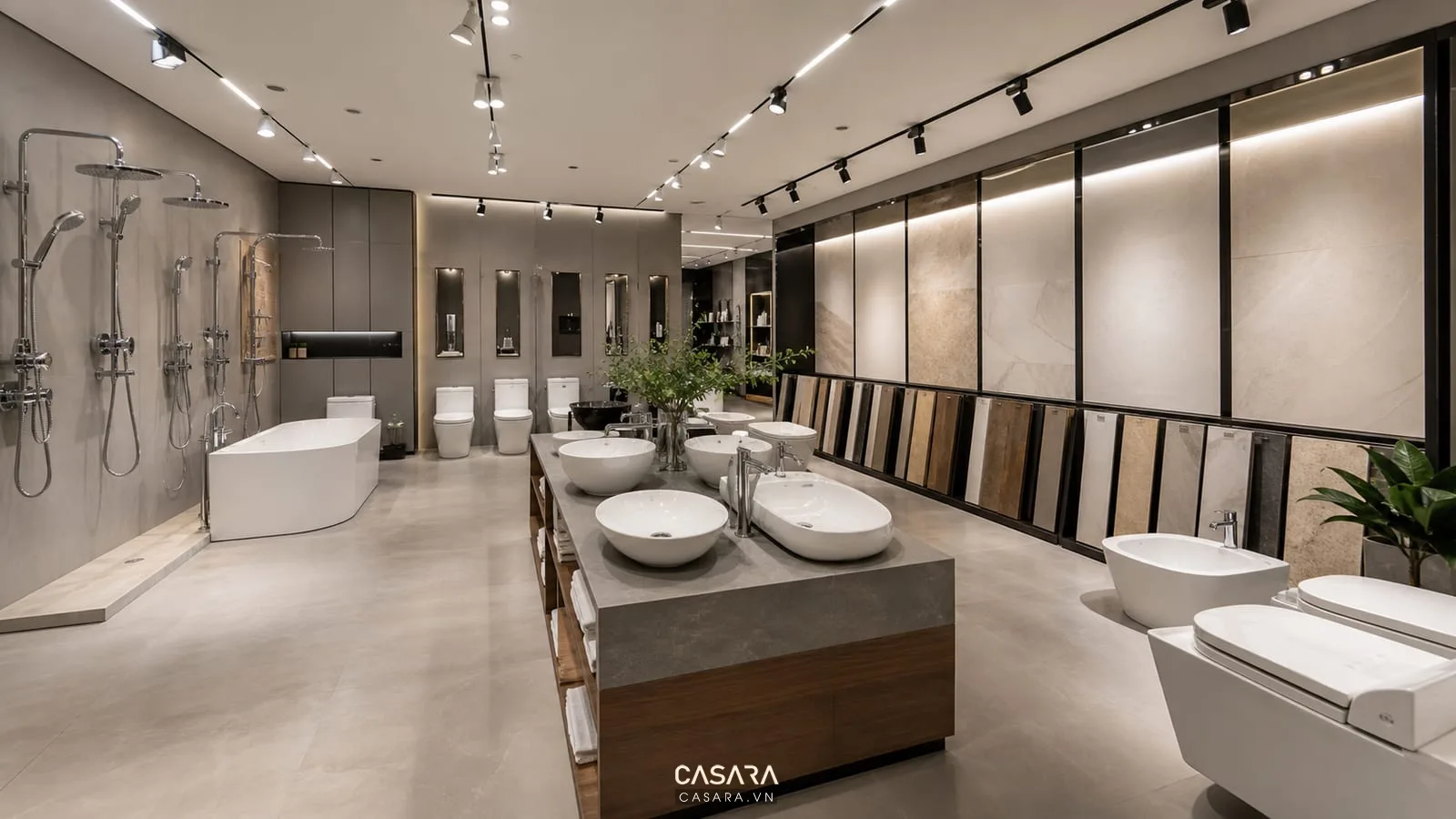 Ánh sáng showroom thiết bị vệ sinh chiếu lên lavabo vòi sen bồn cầu và gạch mẫu
