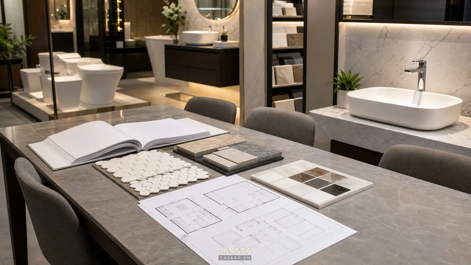 Bàn tư vấn showroom thiết bị vệ sinh với mẫu gạch đá catalog và bản vẽ phòng tắm